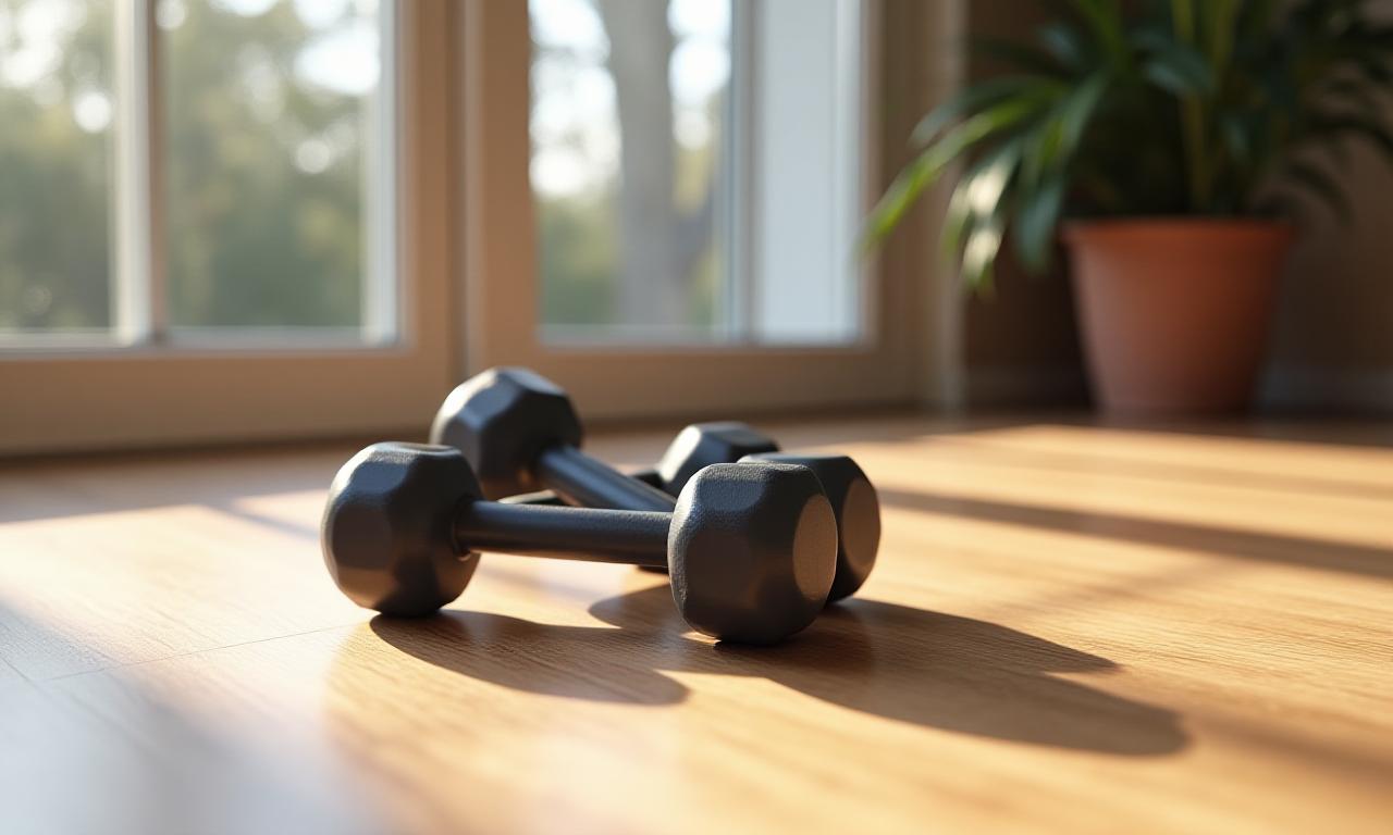 Sleek charcoal adjustable dumbbells resting on a polished timber floor in a bright Melbourne apartment