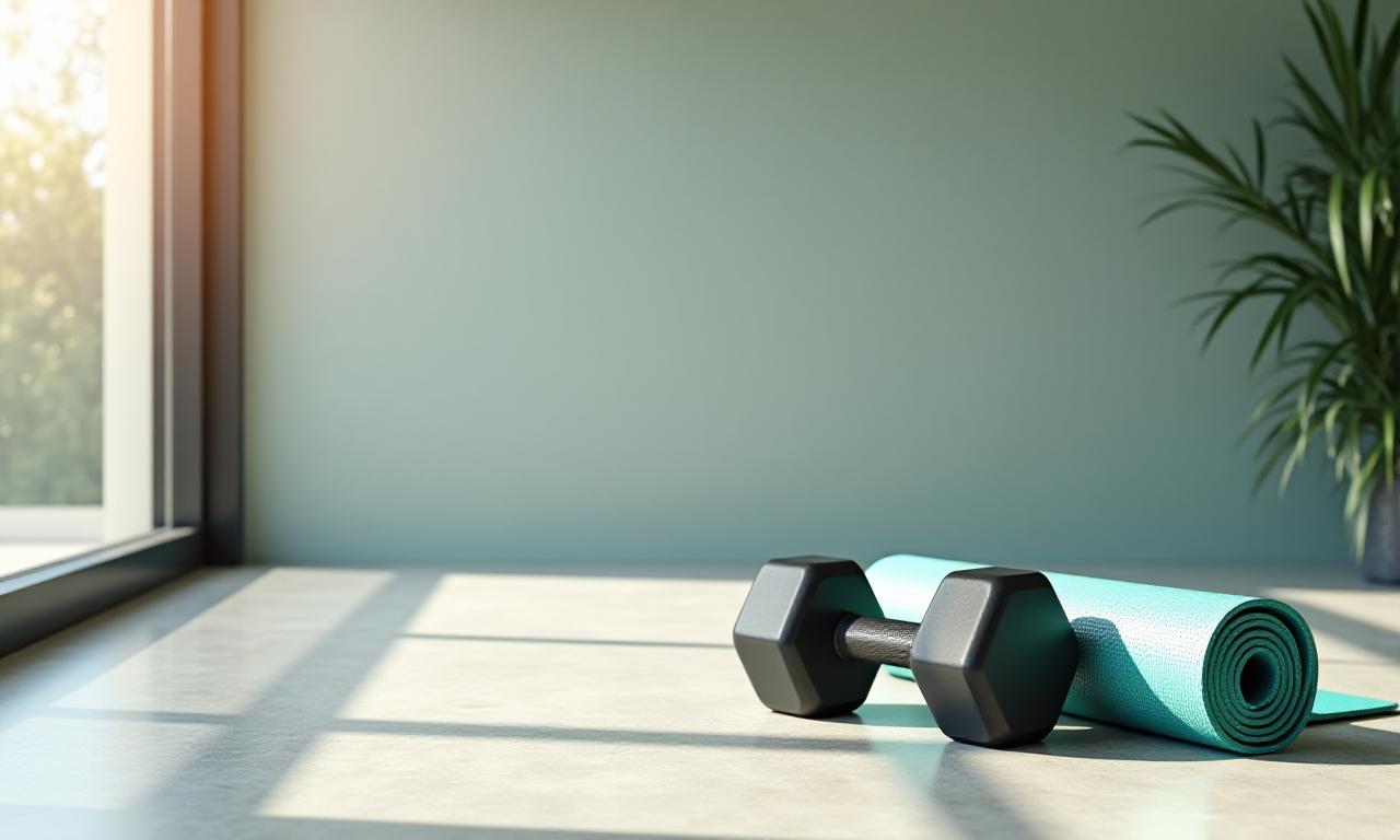 A minimalist, sun-drenched Melbourne apartment featuring a compact home gym setup with dumbbells and a yoga mat.